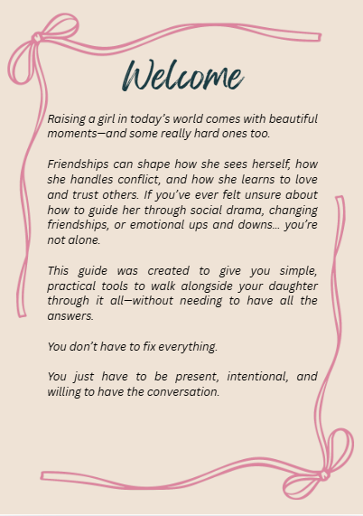 Product mockup of the "Raising Girls Through Friendship & Social Drama" printable PDF guide, featuring a 9-page workbook with a healthy friendship checklist on a desktop background.