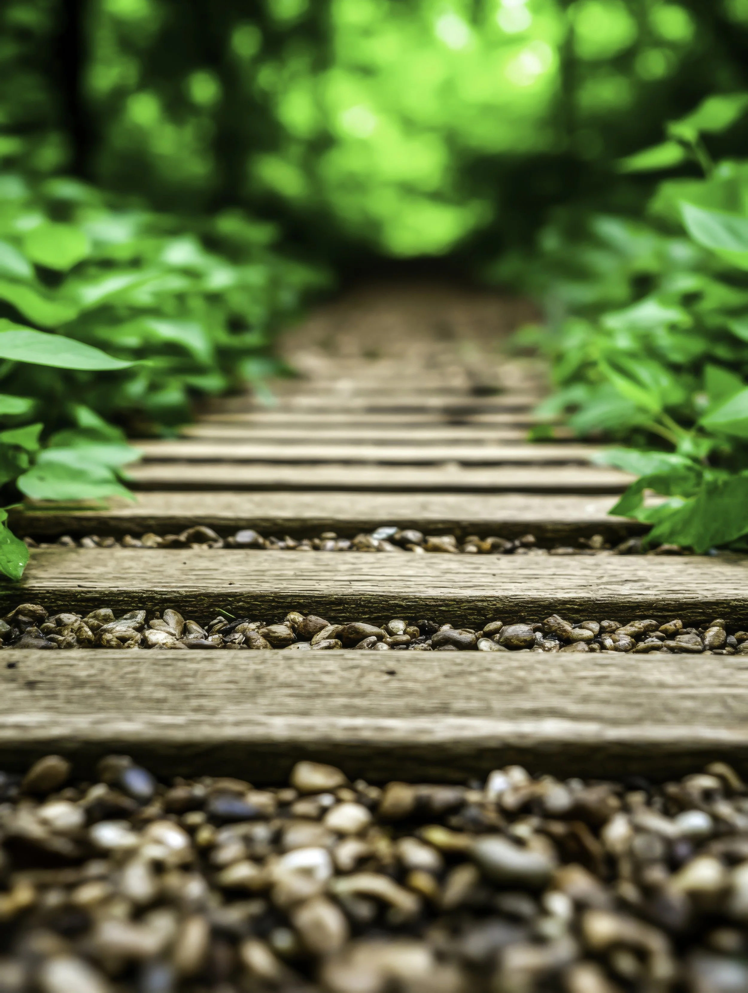 A close-up view of a wooden pathway with small pebbles in the gaps, surrounded by green leaves and foliage in a garden or forest setting.