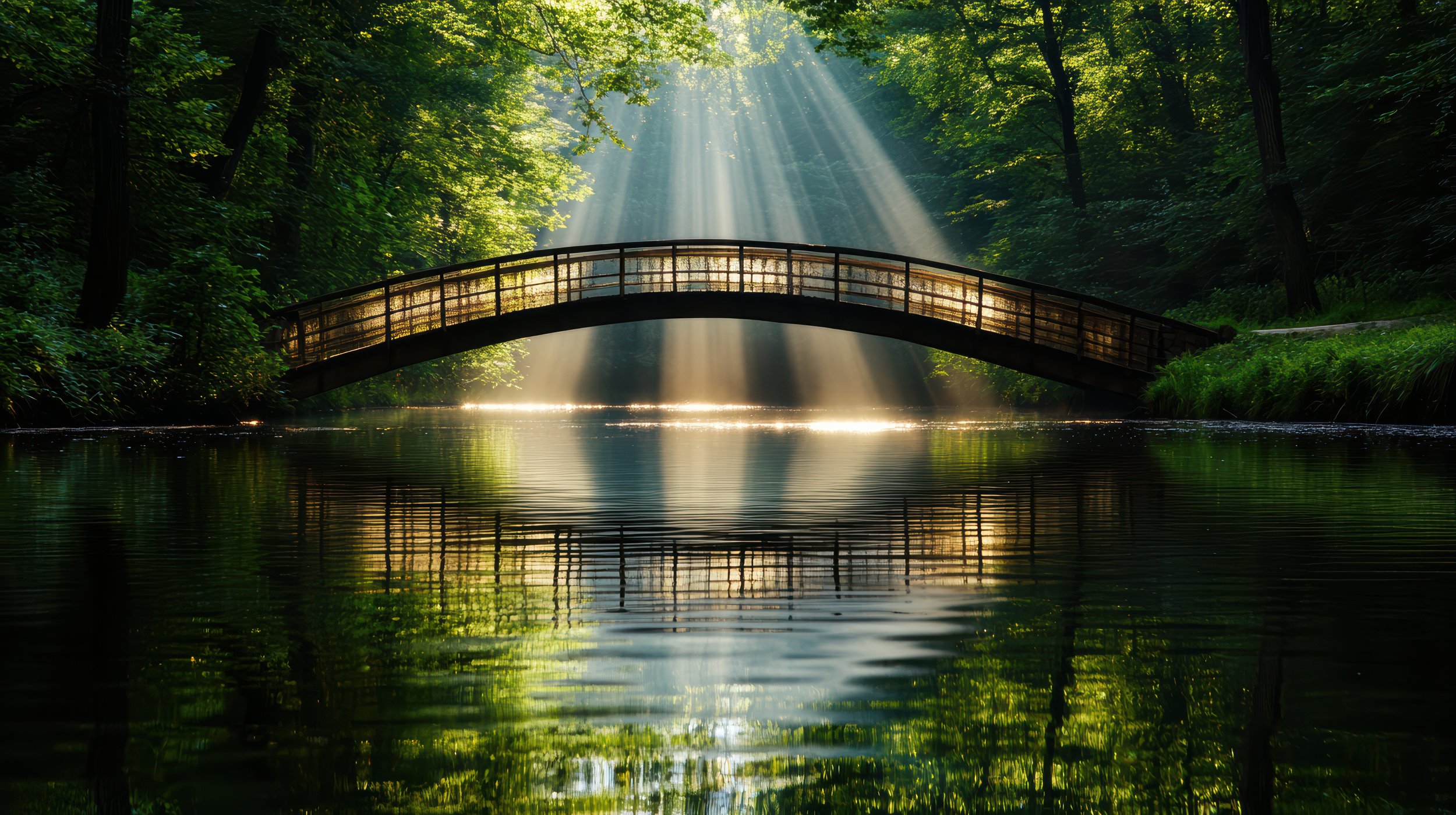 Sunlight streams through green trees onto a small arched wooden bridge over a calm river, creating reflections and a peaceful forest scene.