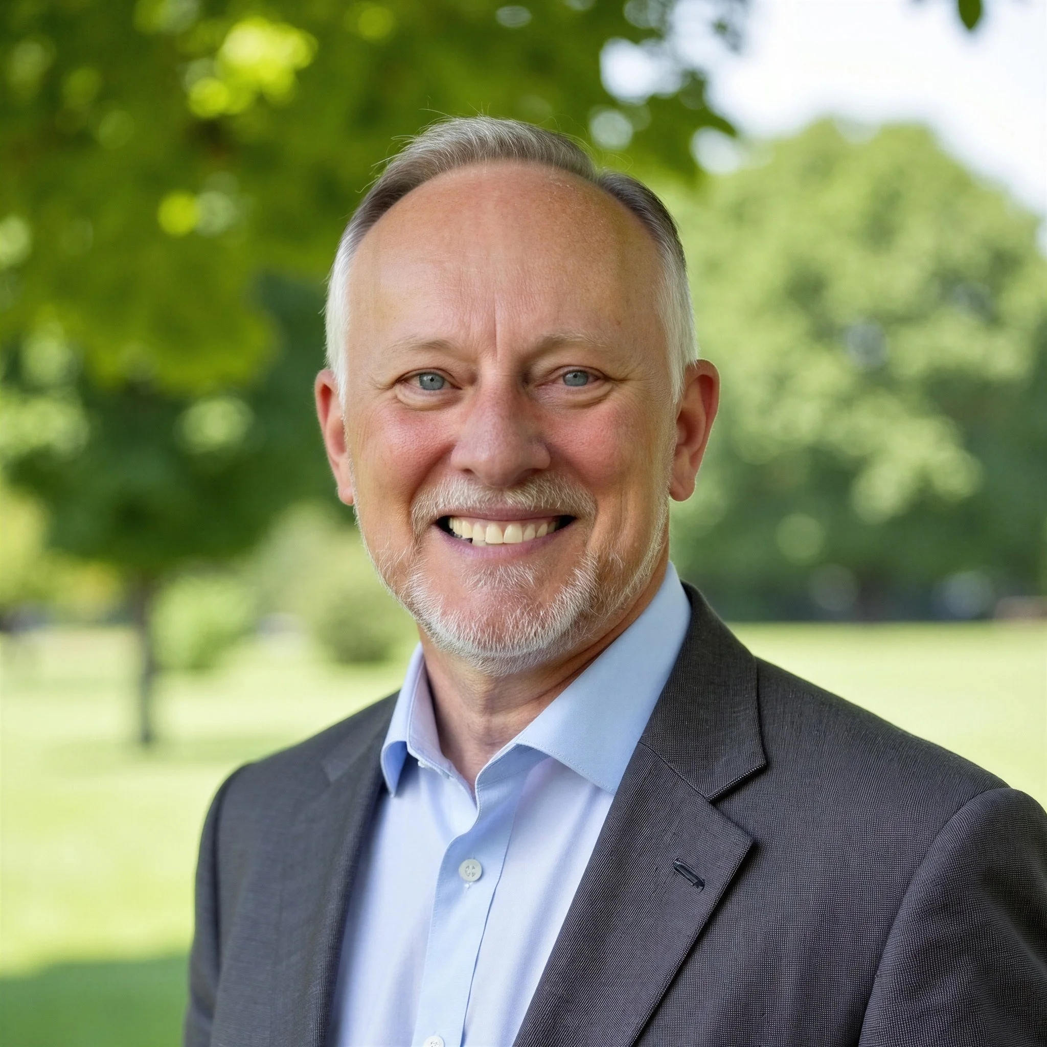 Headshot of a middle-aged man with gray hair and beard, wearing a suit and collared shirt, smiling outdoors with trees in the background.