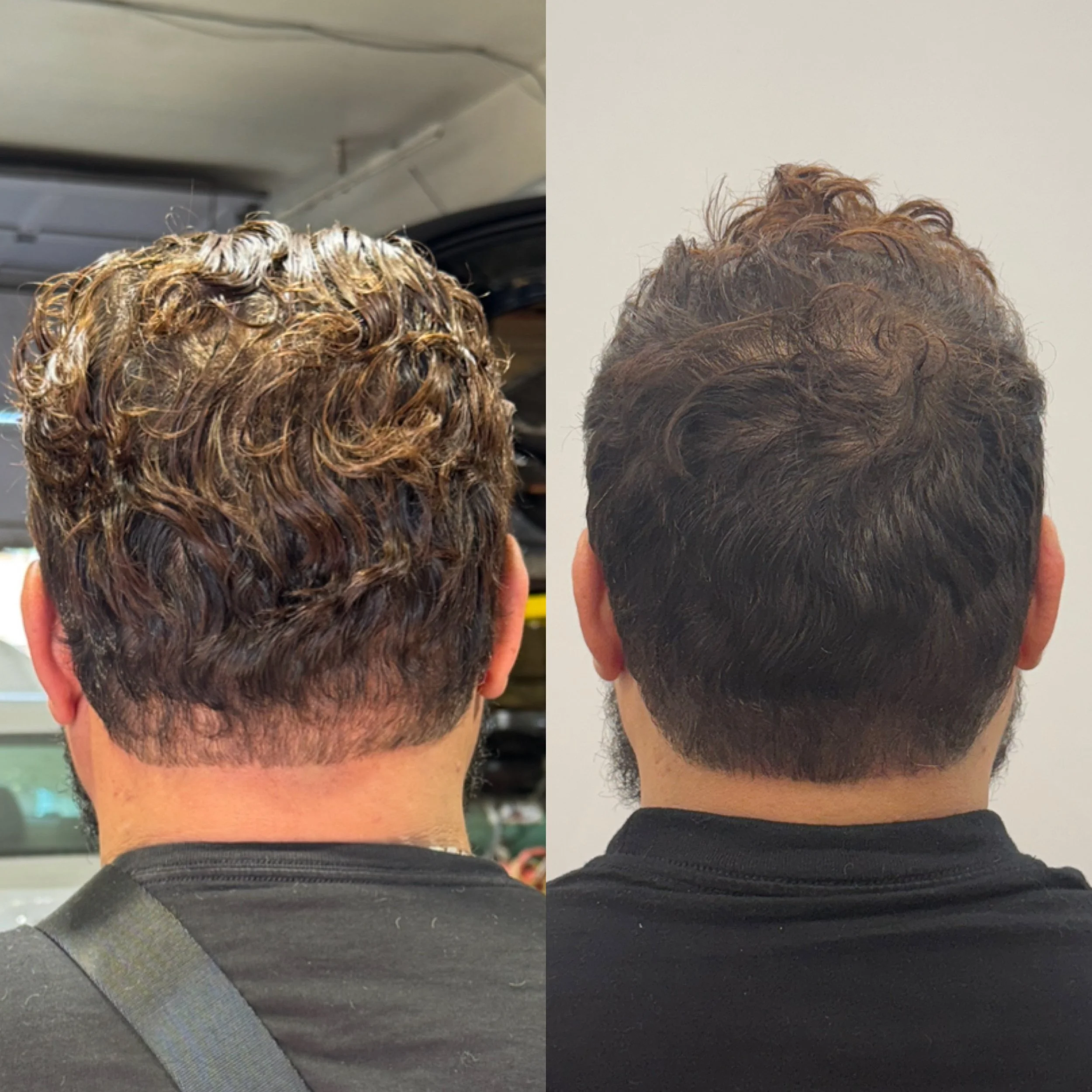 Comparison of a person's hair before and after a hair treatment or haircut, showing the hair's transformation from curly and frizzy on the left to smooth and styled on the right.