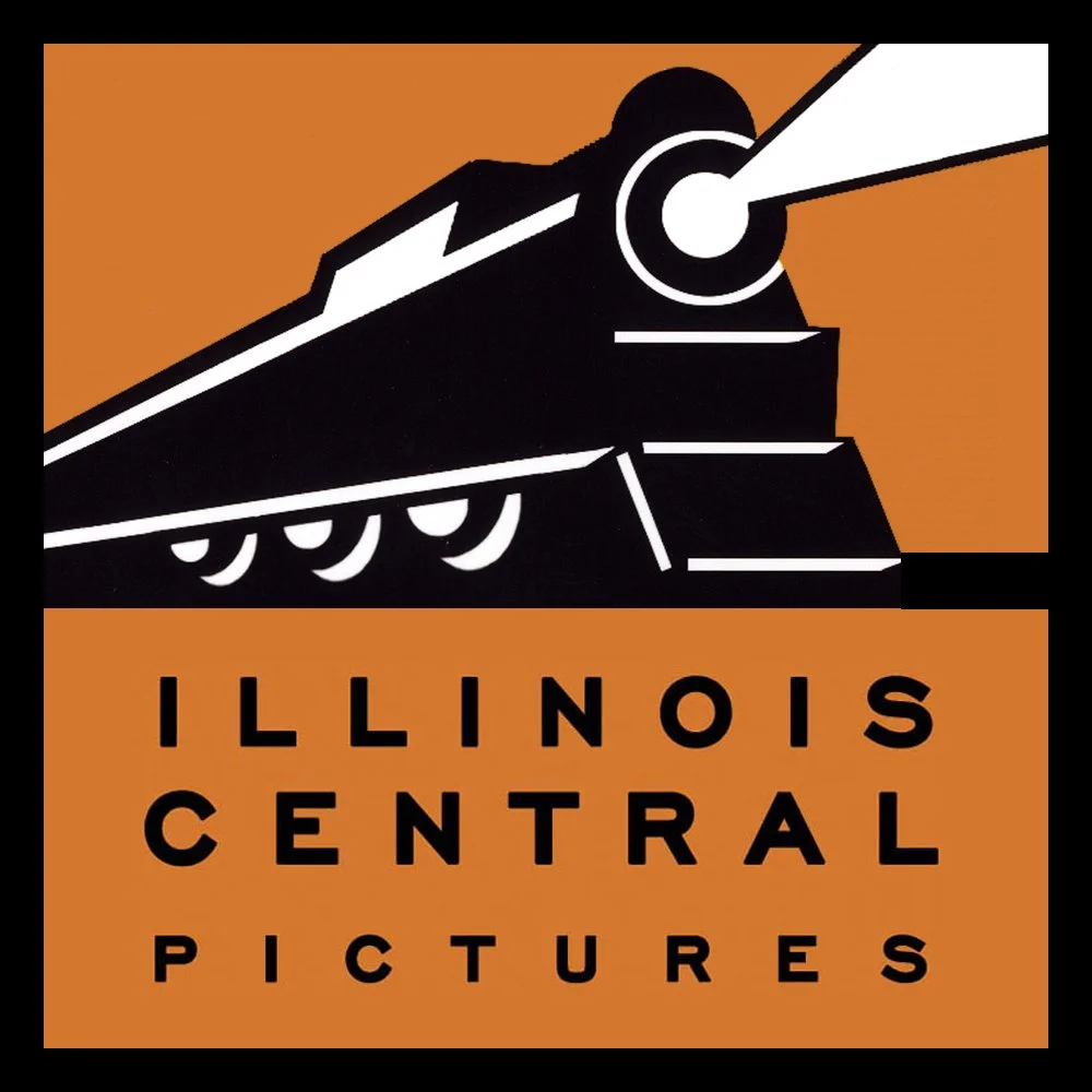 Logo for Illinois Central Pictures featuring a stylized black train engine on an orange background with bold black text