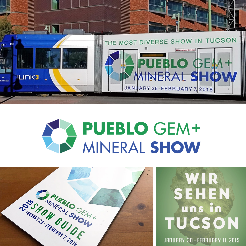 A tram decorated with banners promoting the Pueblo Gem+ Mineral Show held from January 26 to February 7, 2018, in Tucson, Arizona. Additional promotional material includes a show guide and a green poster with German text about Tucson attractions.