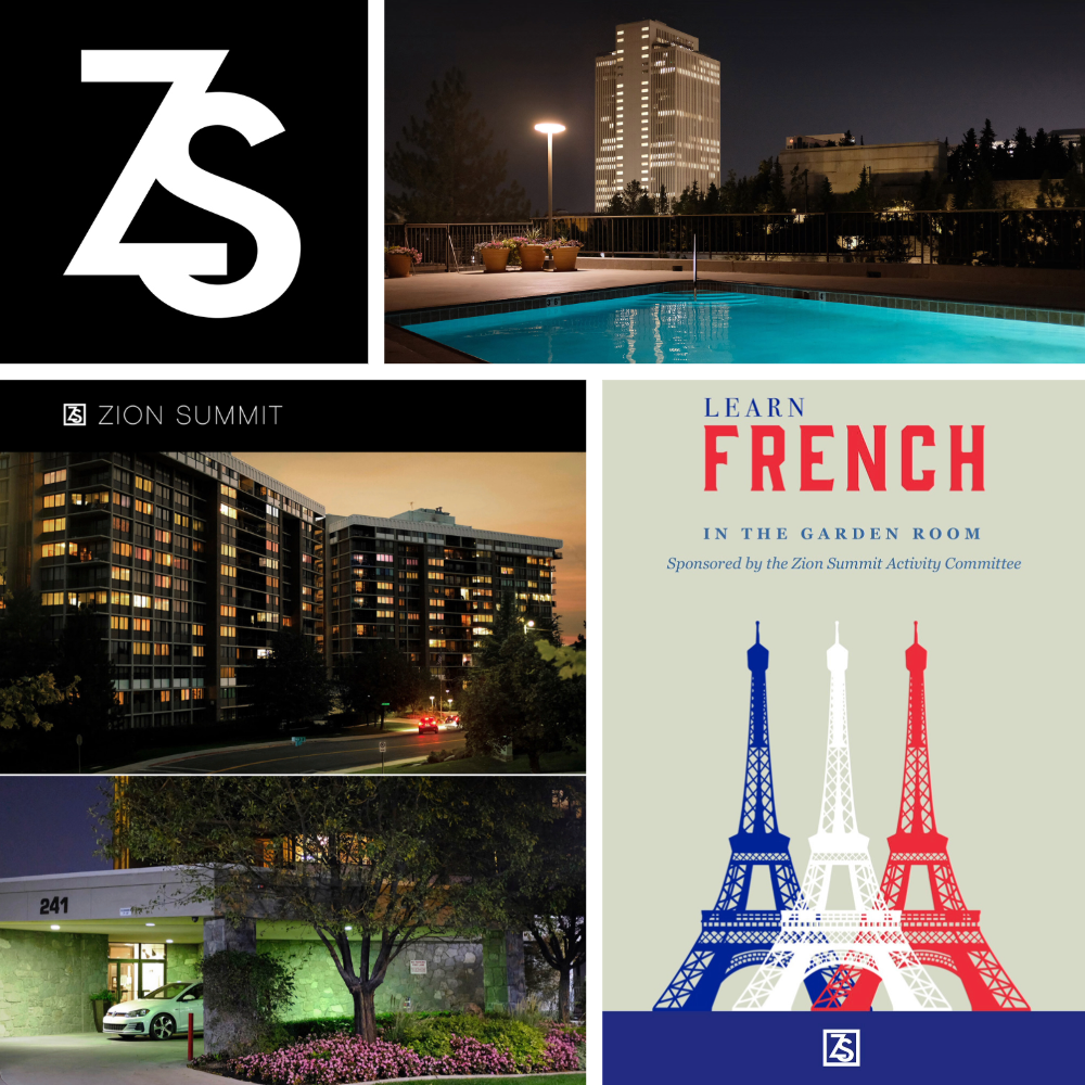 A collage of four images and a poster. The top right photo shows a night view of a rooftop hotel pool with city buildings and trees in the background. The bottom right image is a poster advertising a French language learning event in the garden room, with illustrations of the Eiffel Tower in blue, white, and red. The bottom left photo depicts apartment buildings at sunset with illuminated windows. The bottom left photo features a parking garage entrance with a white car and green lighting. The top left section displays the Zion Summit logo with a large stylized 'Z' and 'S' on a black background.