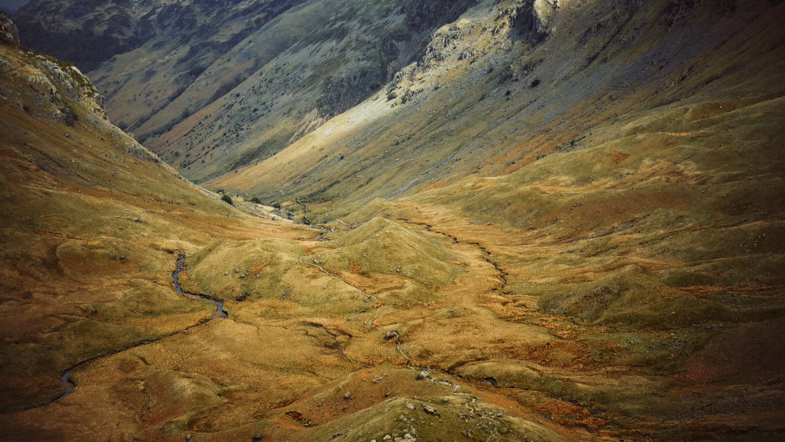 A valley with steep rocky mountains on either side, covered in grass with a small stream flowing through the bottom.