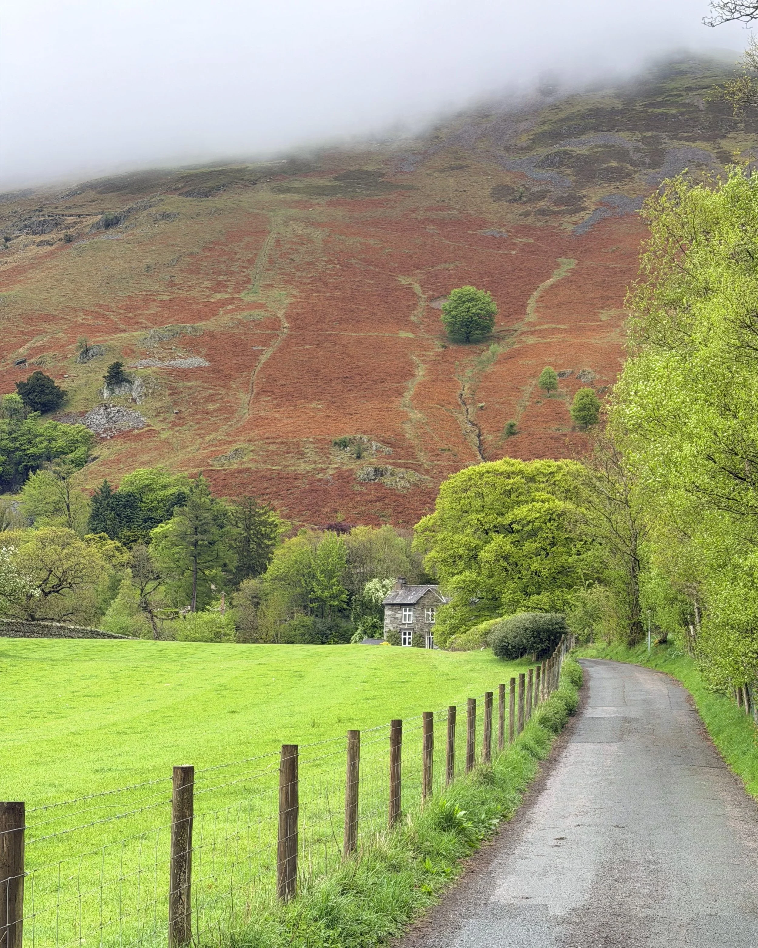 A scenic landscape showing a gravel pathway bordered by a wooden fence on the left, lush green grass, numerous trees, a stone house with white-framed windows, and rolling hills in the background. The hills are covered with reddish-brown vegetation and are partially obscured by fog or low-hanging clouds.