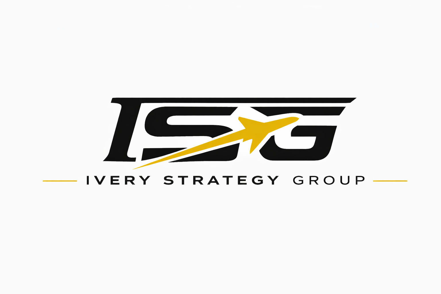 Logo of Ivery Strategy Group featuring the acronym ISG with a yellow airplane silhouette crossing the letters, and the full name beneath.