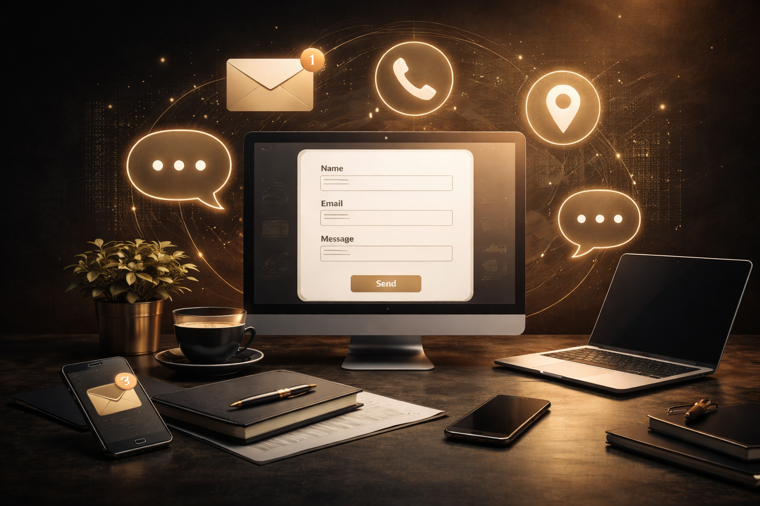 Desk setup with a computer monitor displaying a contact form, laptop, smartphone, notebook, pen, potted plant, and a cup of coffee. Floating icons above include email, phone, location, and chat symbols.