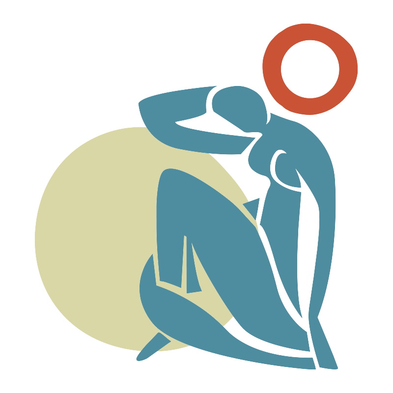 Abstract drawing of a person sitting with knees up, resting head on hand, with a red circle above head, set against a dark background with a large yellow circle behind them.