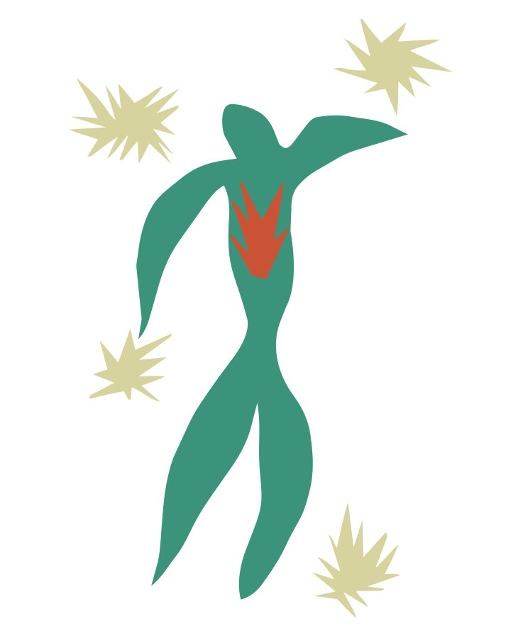 A stylized illustration of a person with a green body, red internal organs, and cream-colored starburst shapes around them.