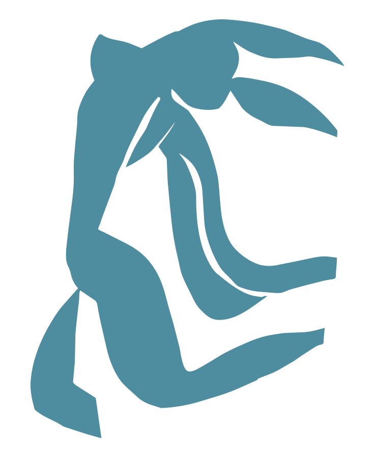Stylized abstract illustration of a woman with flowing hair, in a minimalist blue silhouette.