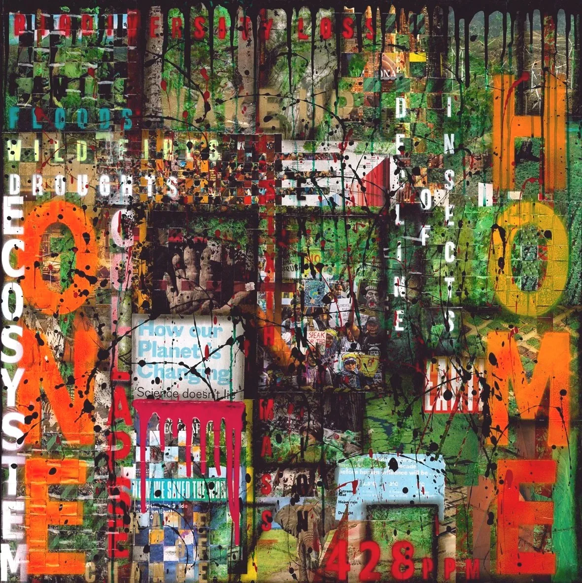 An abstract collage of diverse signs, posters, and protests overlapping each other, with large colorful letters spelling 'CONSUME AND WASTE' and various protest signs and messages amid a crowd of people.