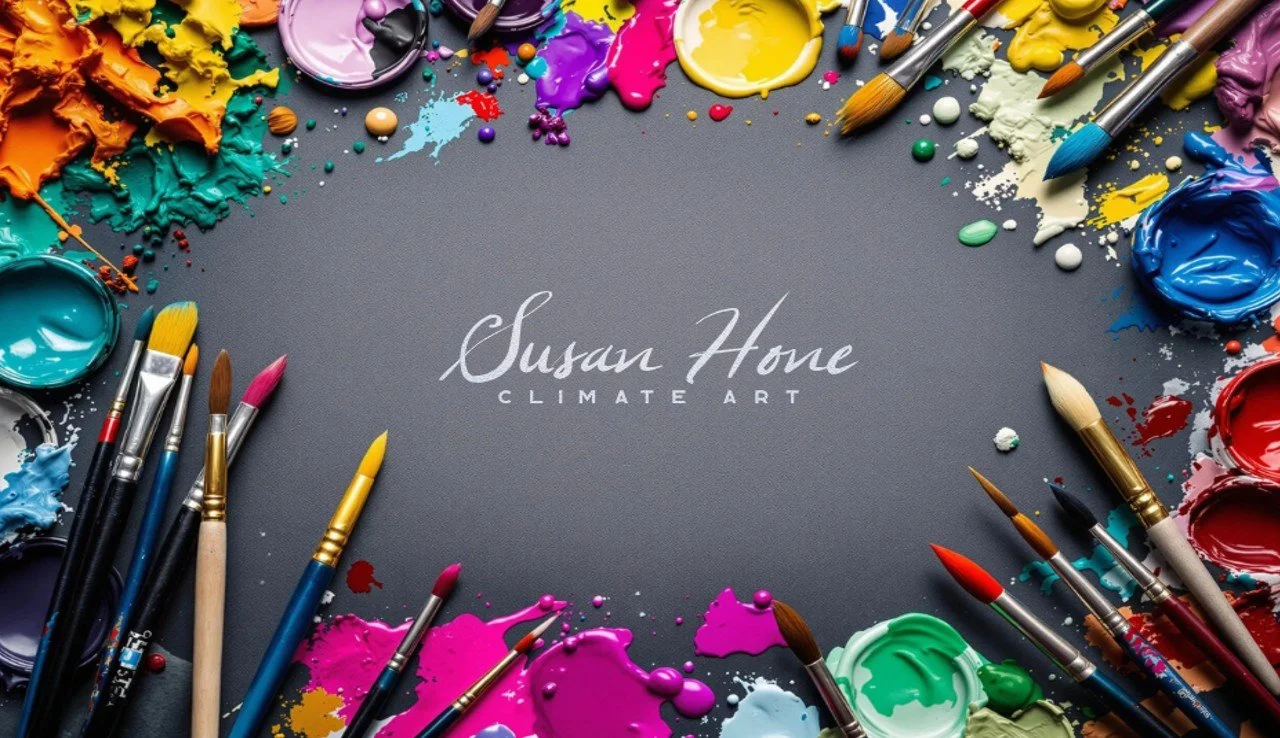A collection of colorful paint splatters, brushes, and containers arranged around a gray background with the text 'Susan Hone Climate Art' in the center.
