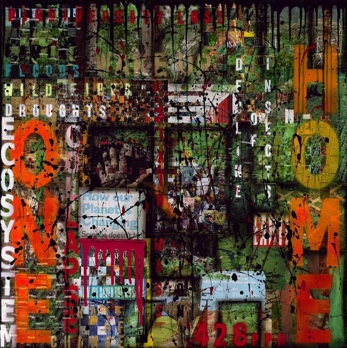 A collage of various posters and signs about protests and climate change, with the word 'PEACE' in large orange letters. Black paint splatters and hand-written notes overlay the collage.