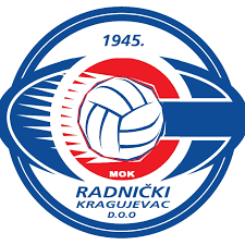 Logo of Radnicki Kragujevac sports club with a blue and red color scheme, featuring a soccer ball, the year 1945, and text in Serbian.