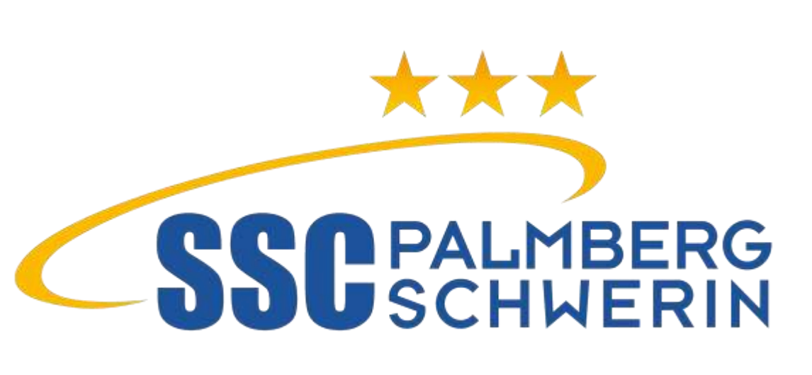 Logo for SSC Palmburg Schwerin featuring blue text, yellow curved arrow, and three orange stars.
