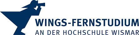Logo of Wings-FernStadium, a winged figure holding a book, with the text 'WINGS-FERNSTADIUM, AN DER HOCHSCHULE WISMAR'.