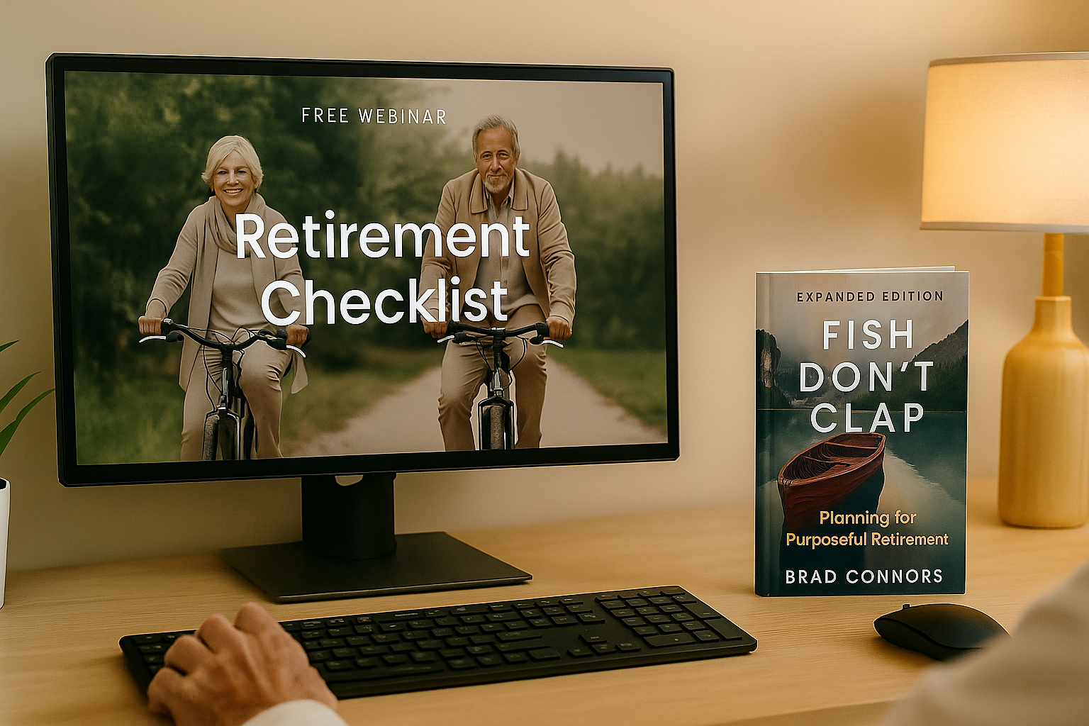 A person sitting at a desk watching a computer screen advertising a free webinar titled 'Retirement Checklist' with an image of an elderly couple riding bicycles outdoors. There is a book titled 'Fish Don't Clap' on the desk, along with a lamp, a keyboard, and a mouse.