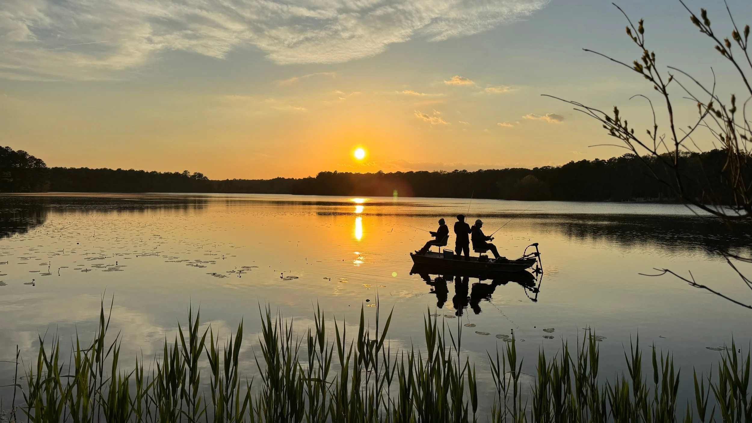 Silhouette of three people fishing on a boat at sunset on a calm lake, with the sun reflecting on the water, surrounding trees, and some plants in the foreground.
