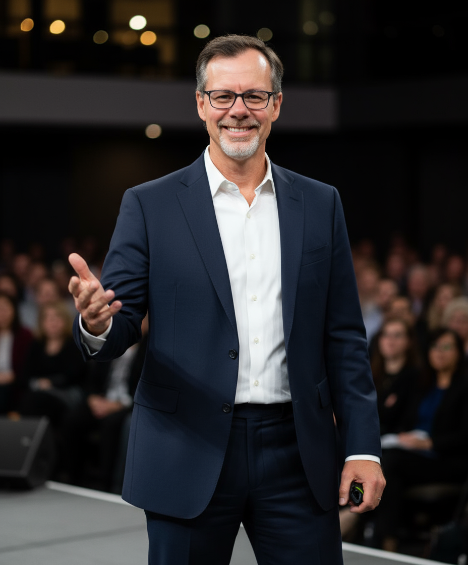 A middle-aged man with glasses, gray hair, and a beard, dressed in a navy suit and white shirt, smiling and gesturing with his right hand during a presentation or speech at a conference with an audience in the background.
