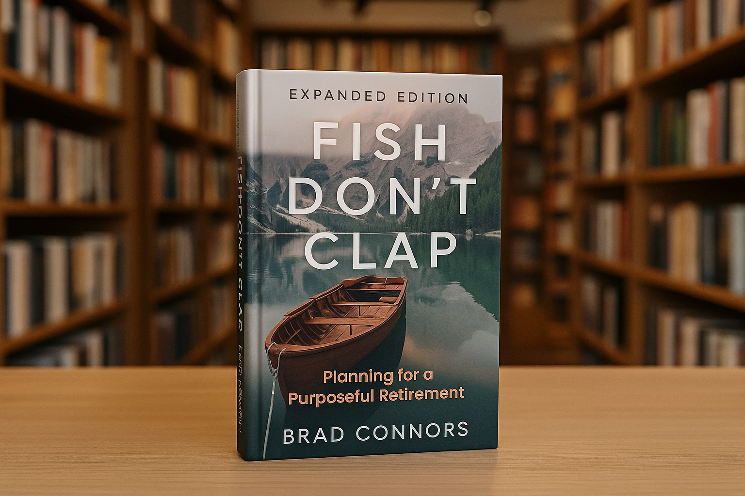 A book titled 'Fish Don't Clap: Planning for a Purposeful Retirement' by Brad Connors, standing on a wooden table in front of bookshelves filled with books.