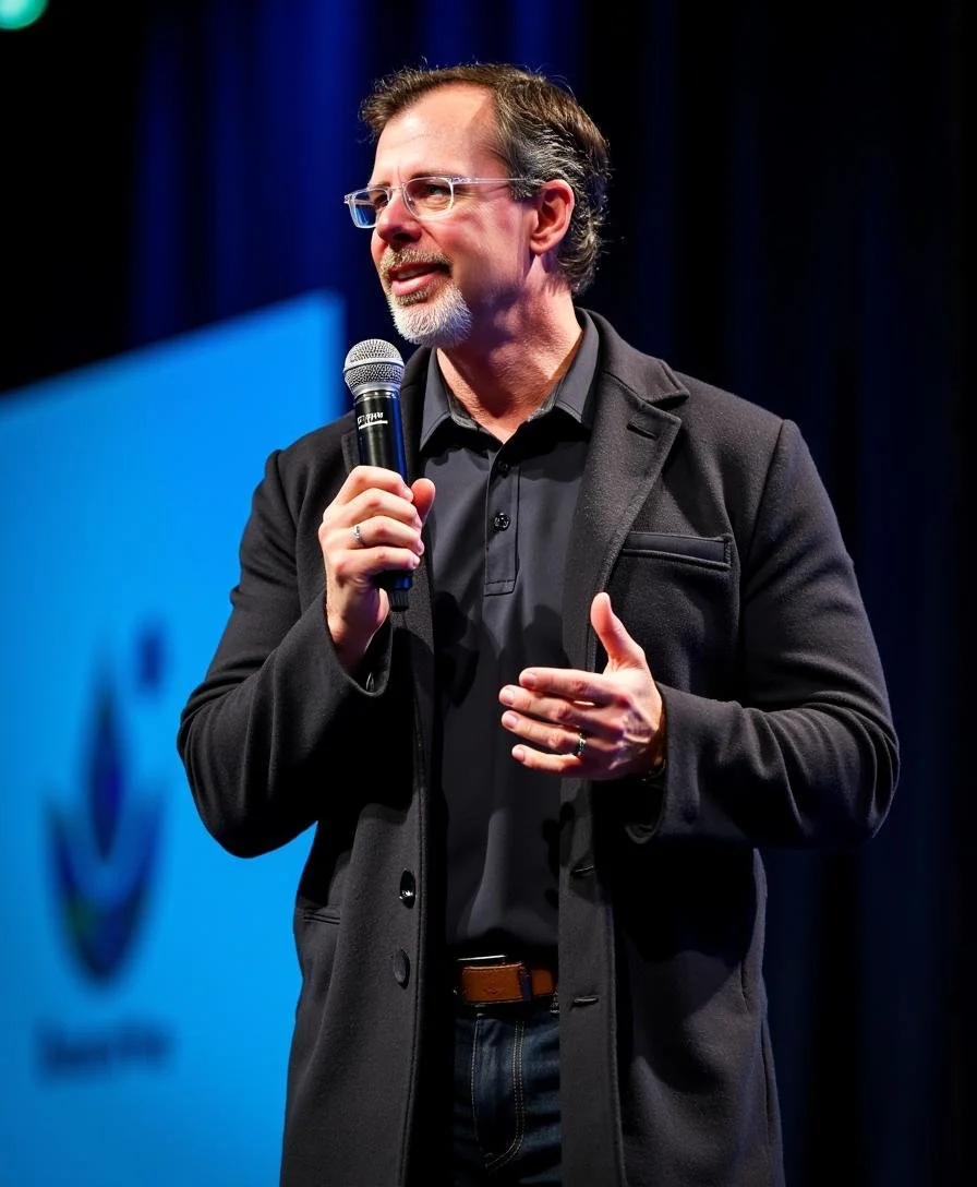 Brad Connors speaking into a microphone on a stage with a blue background.