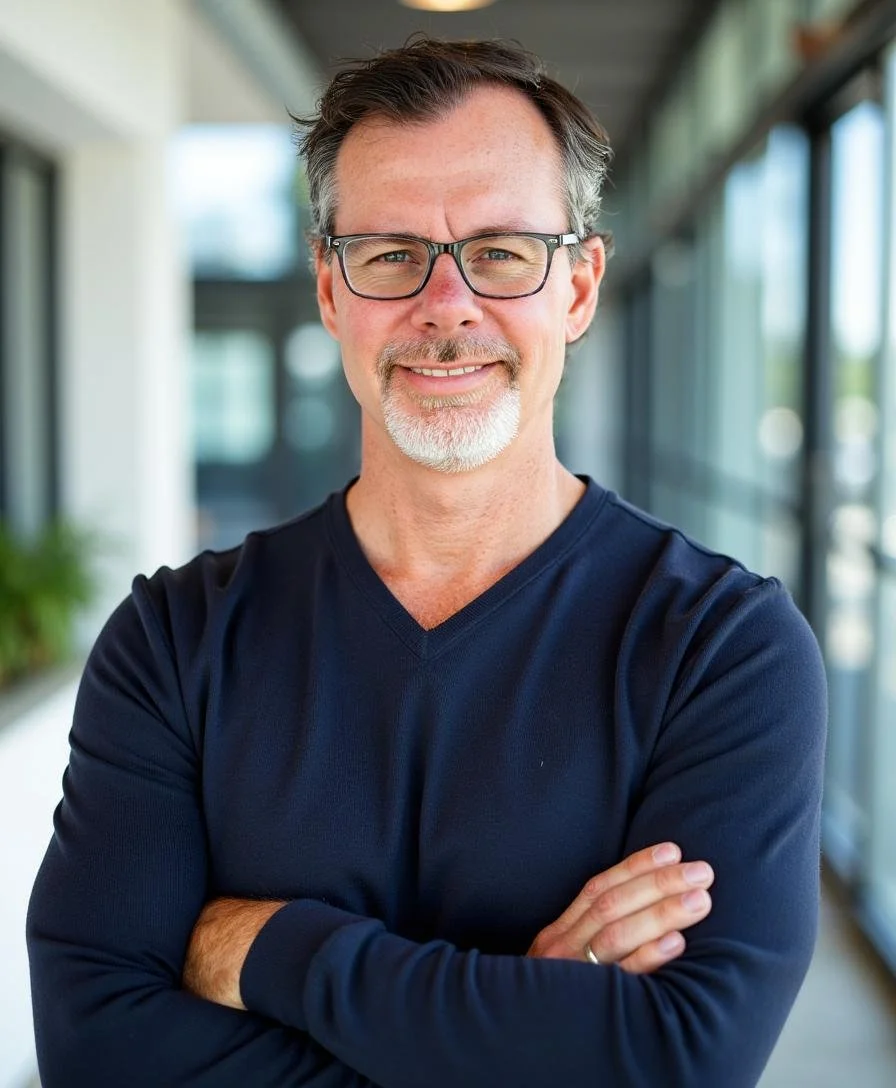 Brad Connors wearing a navy blue V-neck shirt, standing with arms crossed in a modern indoor setting with glass windows.