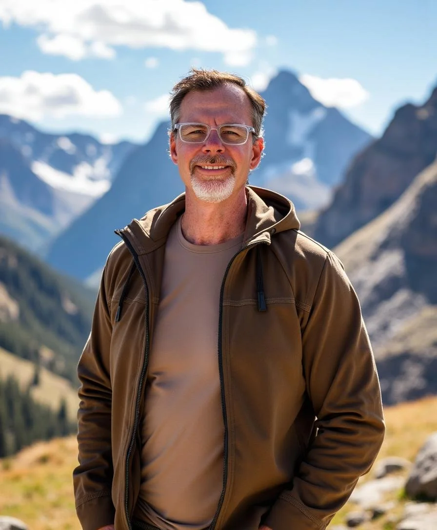 Brad Connors standing outdoors in a mountainous landscape with snow-capped peaks and blue sky.
