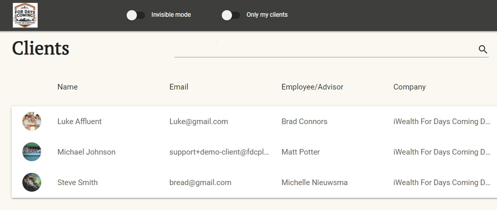 A web page showing a client management list with columns for Name, Email, Employee/Advisor, and Company. The page header says 'Clients' with search and mode toggle options.