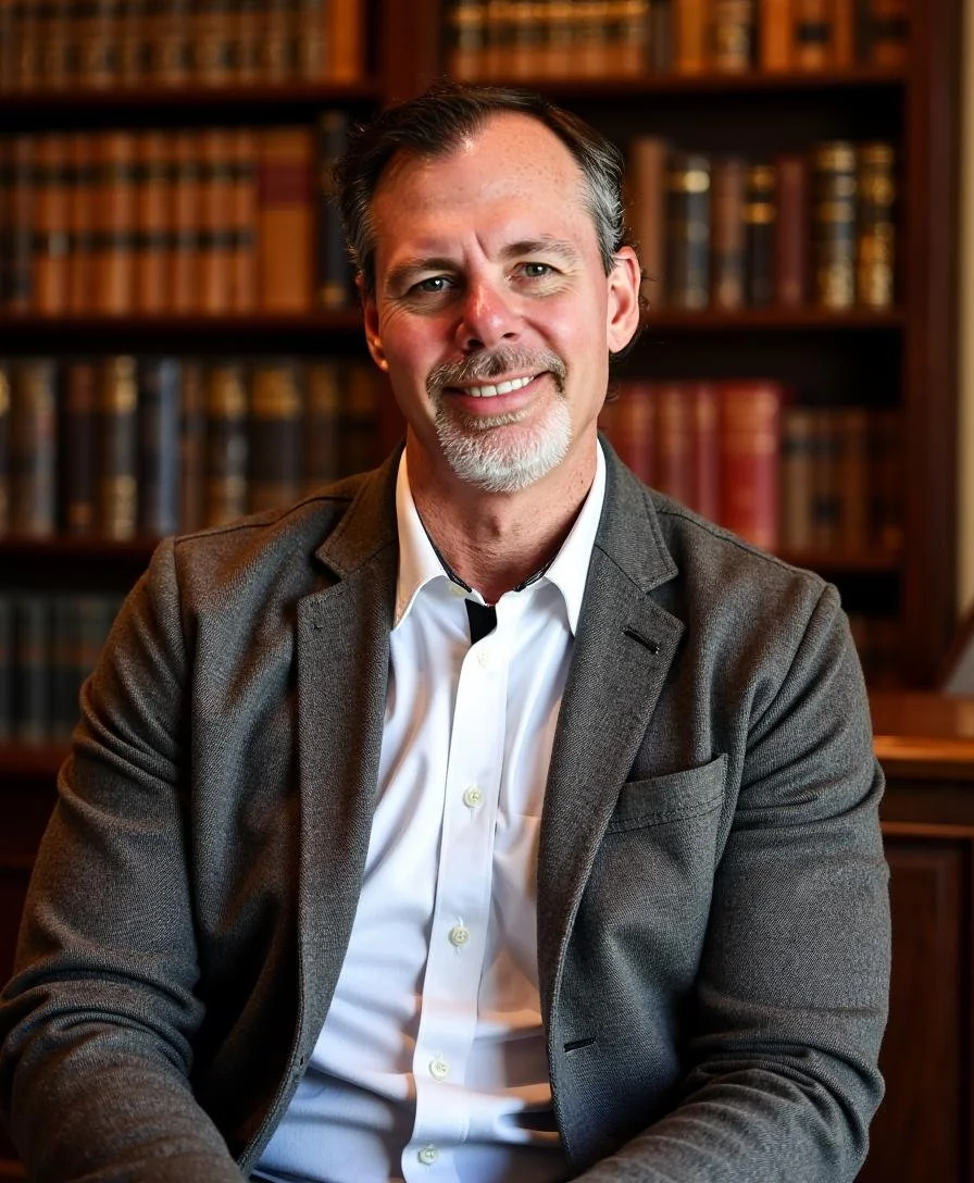 A smiling man with dark hair and a beard wearing a gray blazer and white shirt, seated in front of a background of bookshelves filled with leather-bound books.