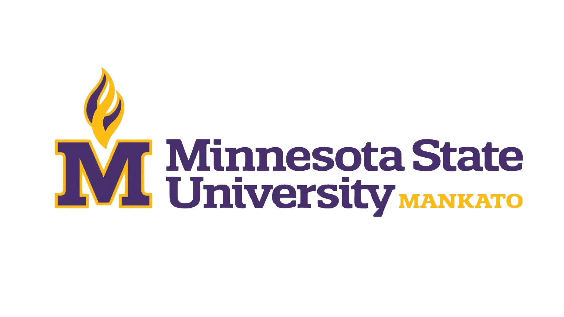 Logo of Minnesota State University Mankato featuring a large purple and gold letter M with a torch above it, and the university's name in purple and orange text.