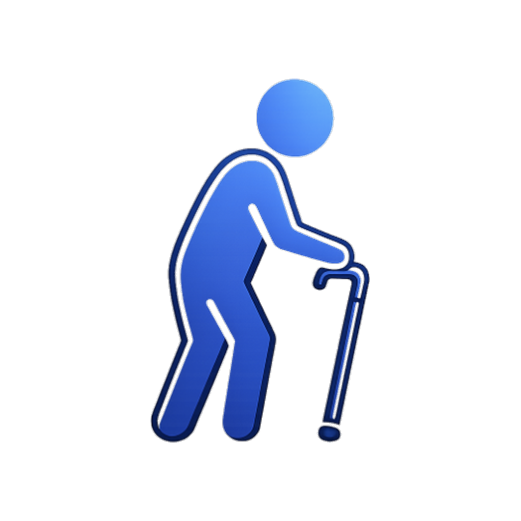 Blue icon of a person walking with a cane, indicating accessibility for visually impaired individuals.