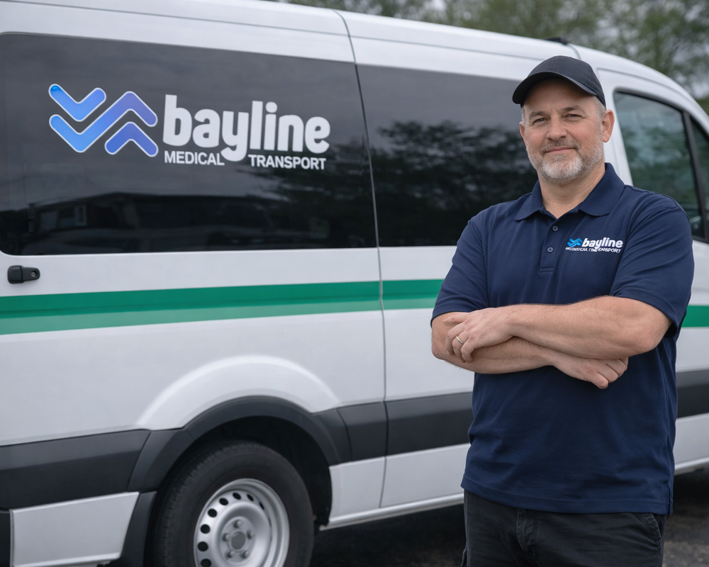 Bayline driver standing in front of a Bayline van