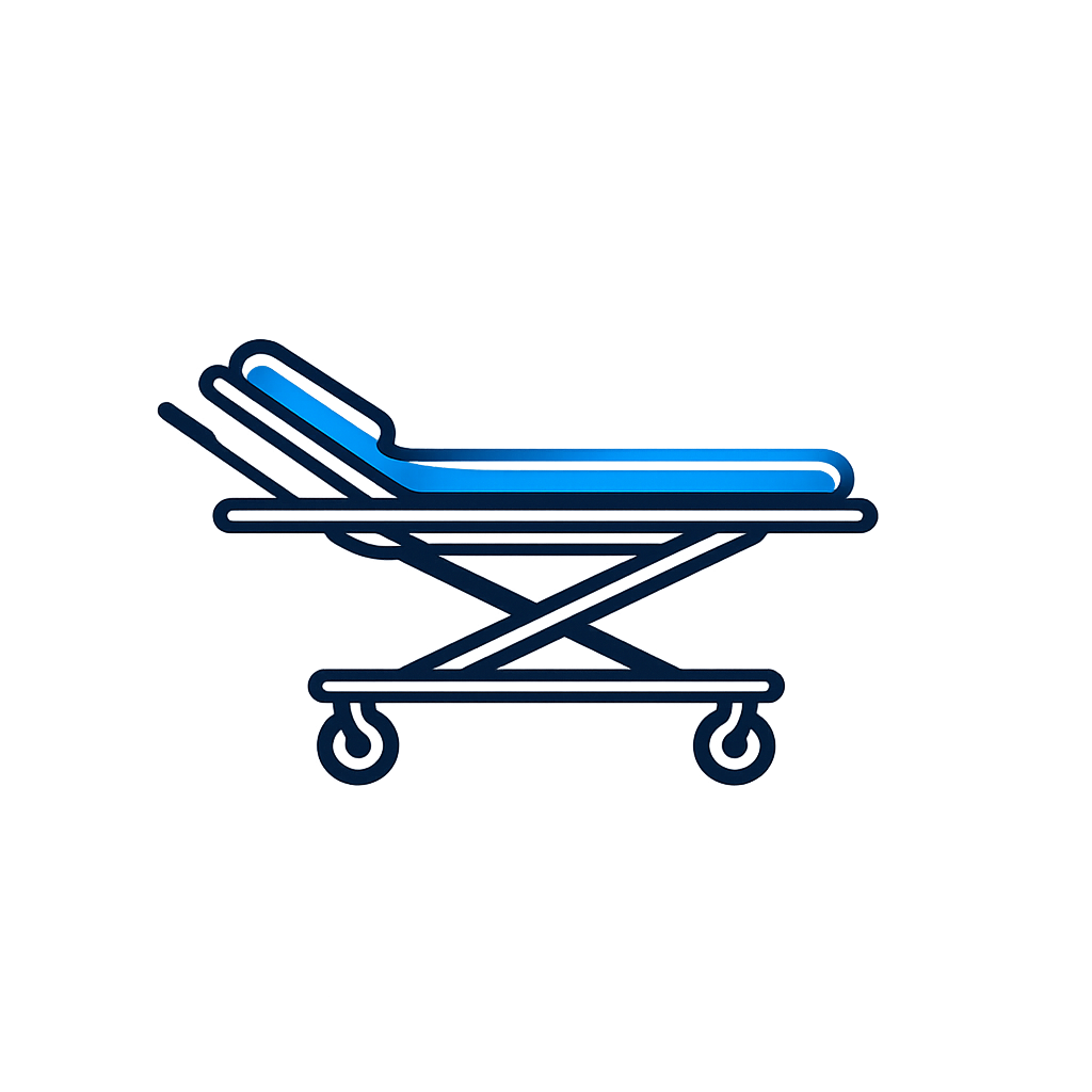 Neon-style illustration of a hospital gurney or stretcher with blue lighting effect.