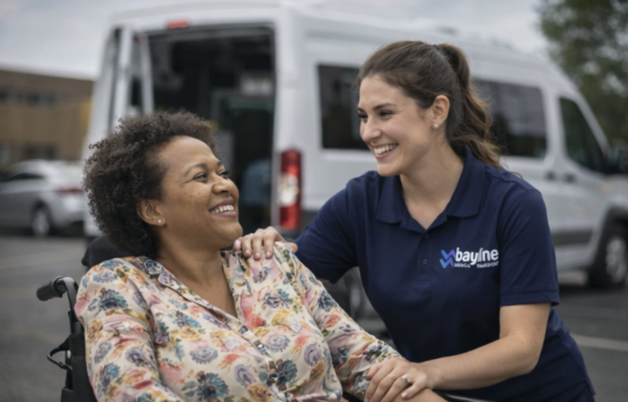 A smiling young woman in a navy blue BayLine polo shirt helps an older woman in a floral blouse sit in a wheelchair outside near a white van, with other vehicles visible in the parking lot.