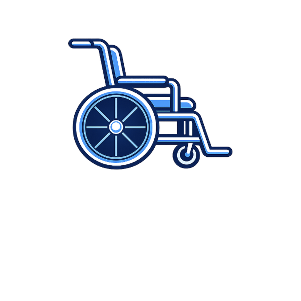 Illustration of a wheelchair with a light blue frame and black seat.