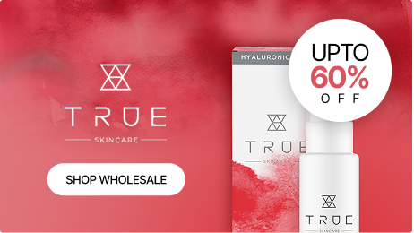 Promotion for True Skincare with a bottle of skincare product and up to 60% off offer