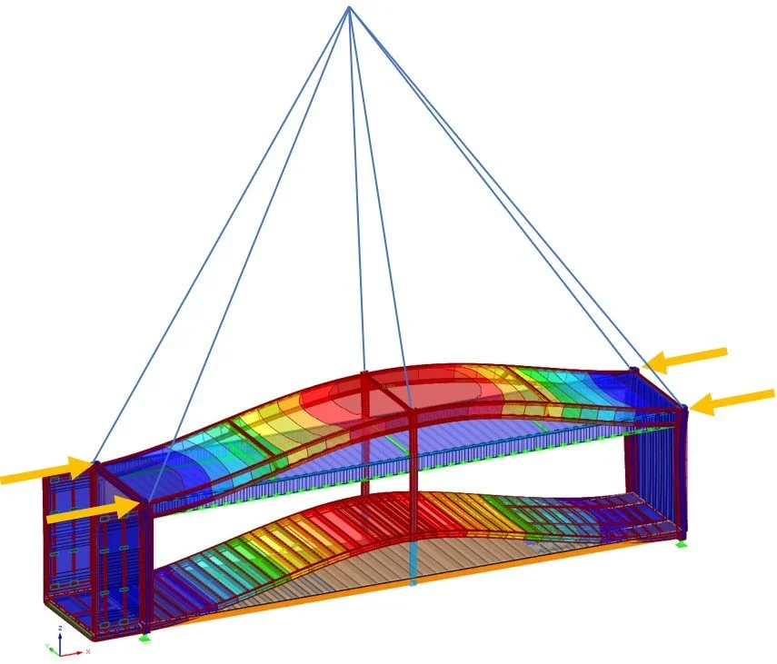 Lifting deformation model highlighting module bending response and critical areas requiring review during hoisting.