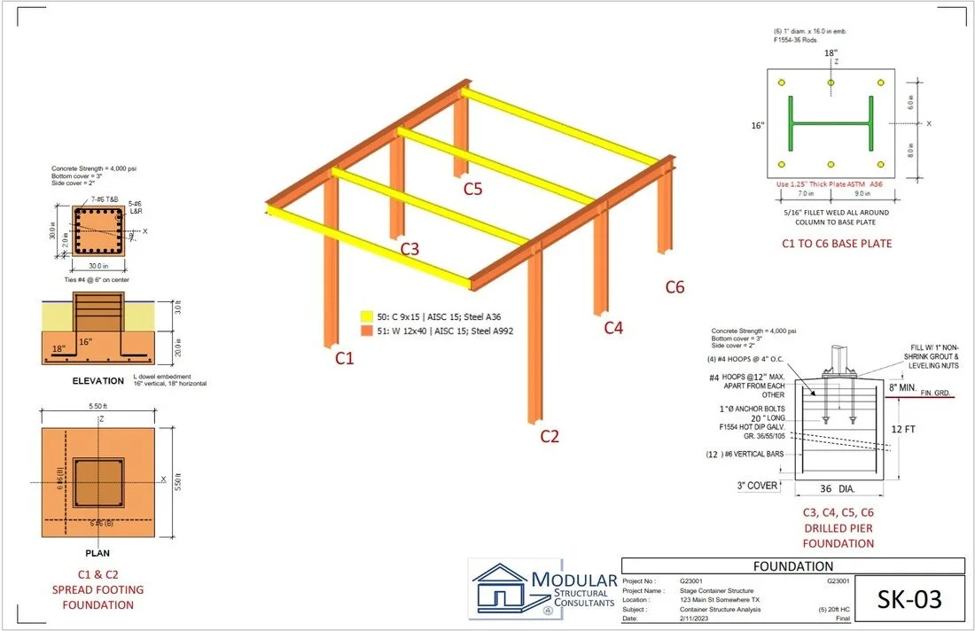 Foundation Layout & Design (SK-03) - Detailed foundation scheme including spread footings and drilled piers, illustrating load transfer from structure to ground with clearly defined support reactions and anchorage intent.
