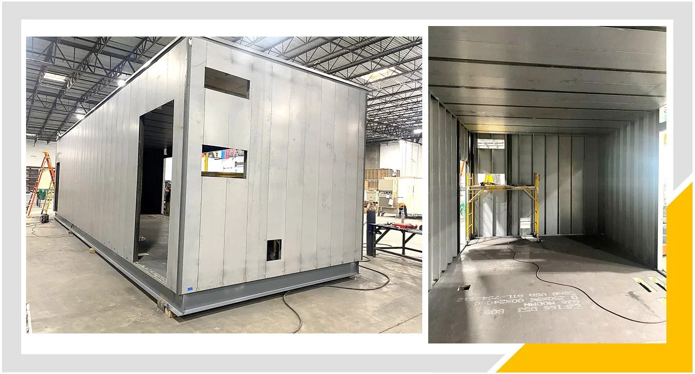 Fabricated industrial modular unit in production, showing structural wall panels and framed openings integrated into a transportable steel module.