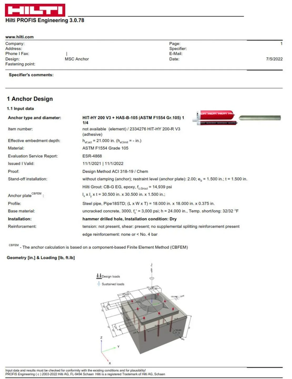 Image 3.0: Anchor design report cover page summarizing input data, anchor type, embedment depth, and base connection geometry.