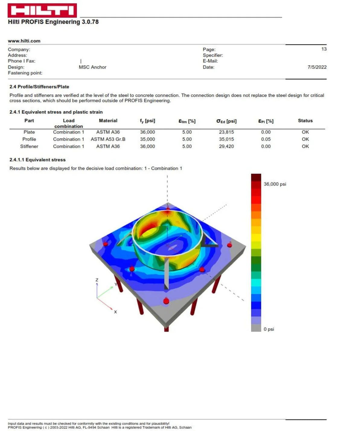 Equivalent stress plot for the anchor plate and stiffeners, confirming steel component performance under the governing load combination.