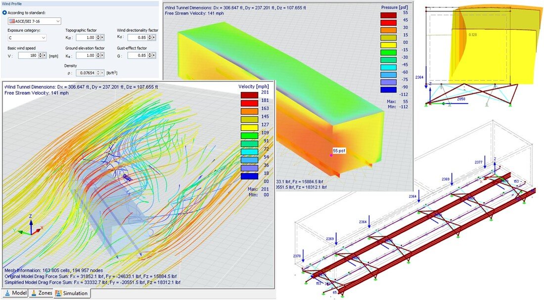 Combined wind and structural analysis evaluating pressure distribution, lateral response, and frame behavior under site-specific loading conditions.