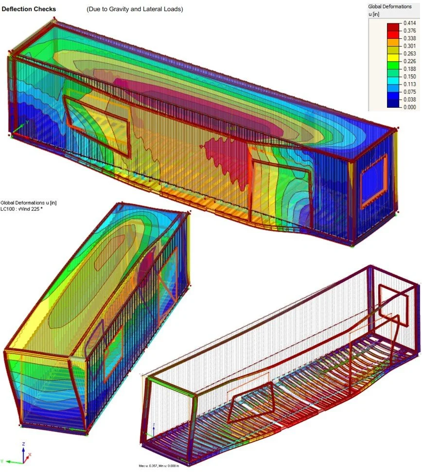 Deflection check of a modified container structure showing how gravity and lateral loads affect global behavior around openings and framing changes.