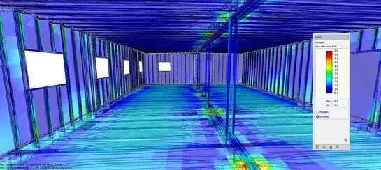 Interior structural response visualization showing deflection and stress distribution within modular framing under service and design load cases.