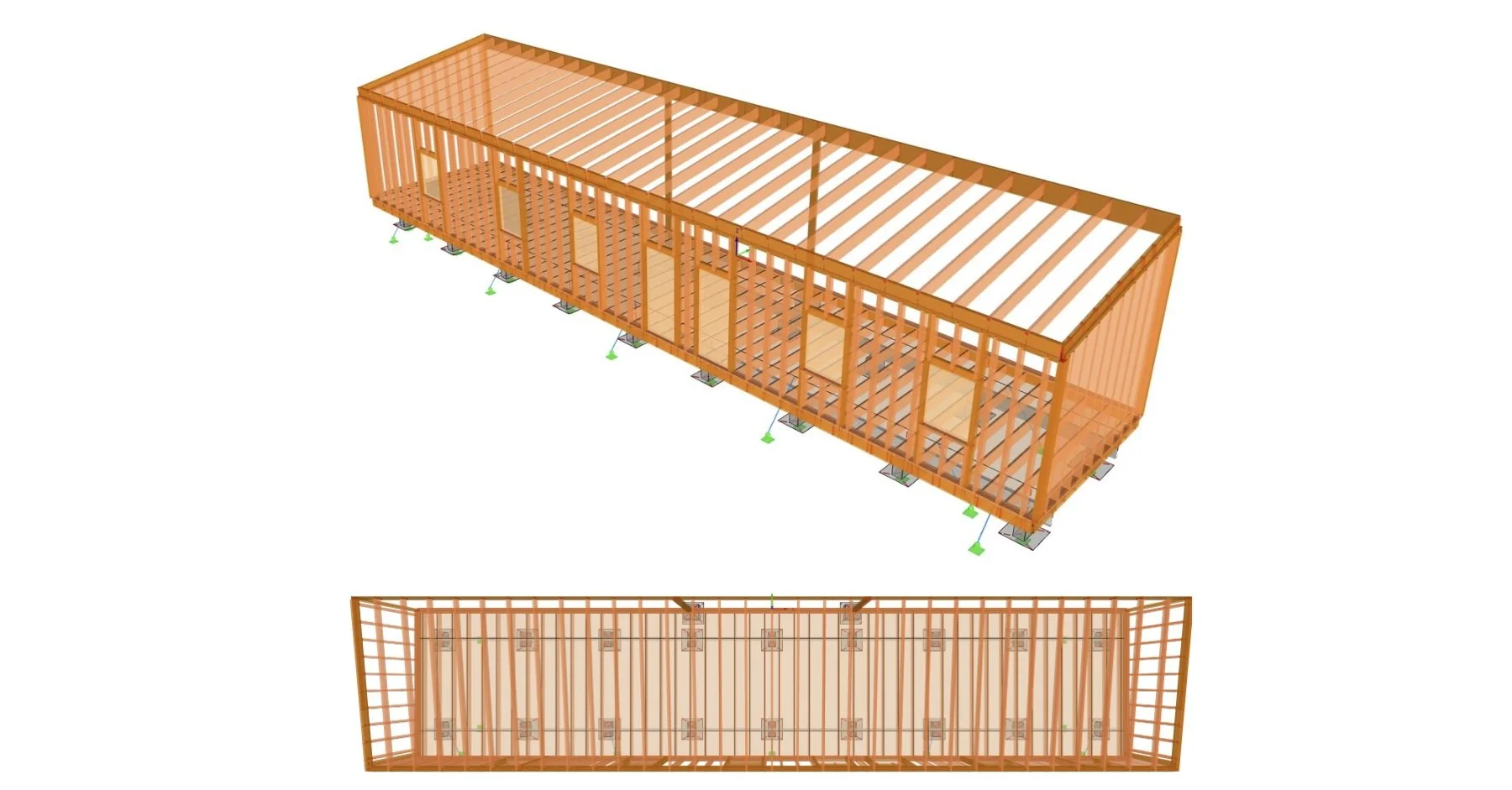 Detailed structural framing model illustrating load paths, stud layout, and support reactions used to verify stability, stiffness, and constructability of the modular unit.
