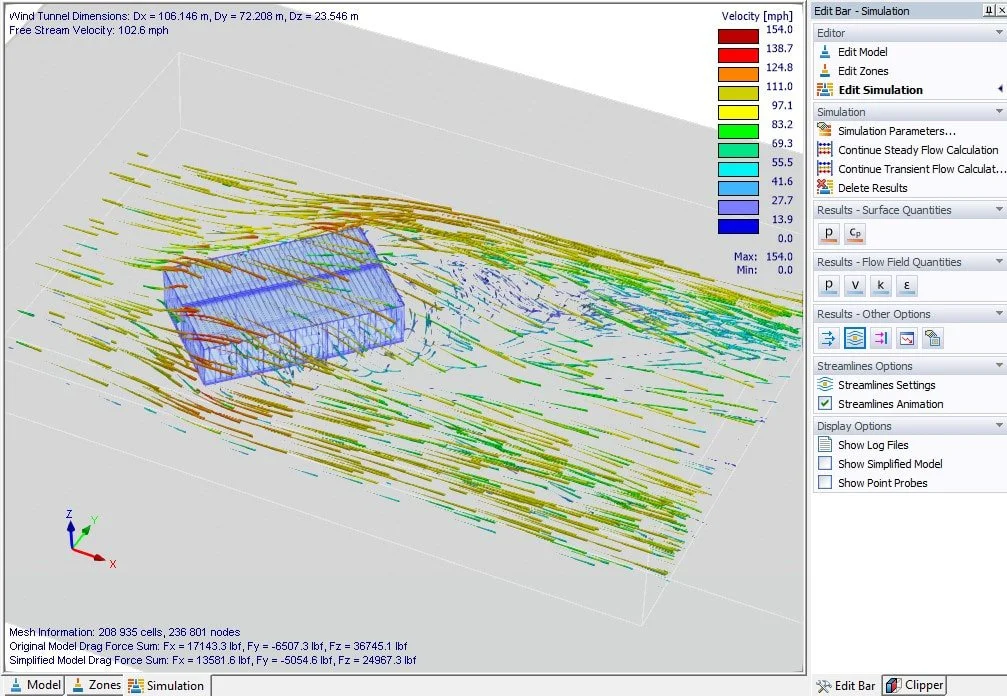 Digital wind tunnel simulation showing airflow behavior around modular structure, used to evaluate wind-induced forces and pressure zones.