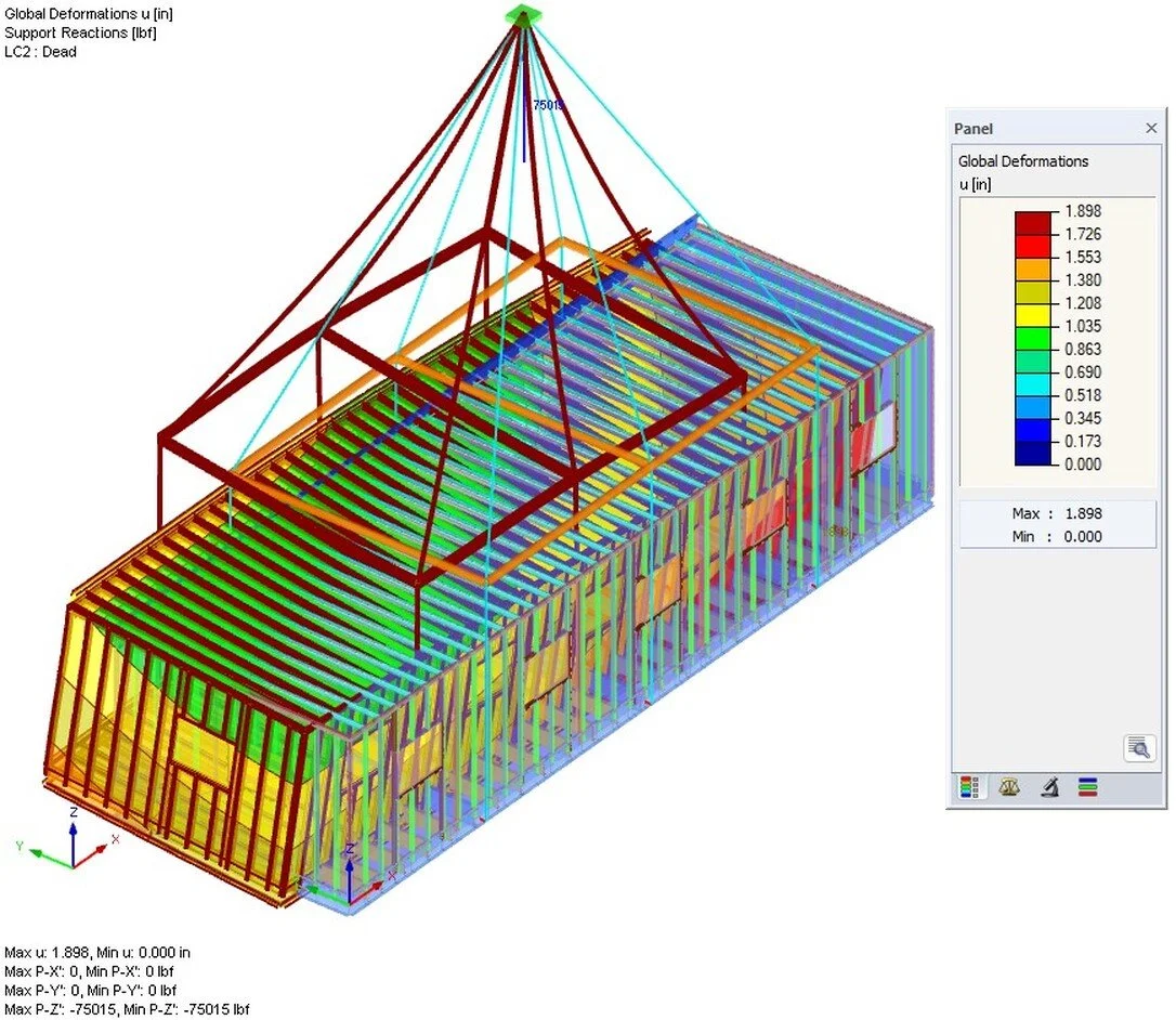 Global deformation model of a modular building under lifting loads, used to verify stability and handling performance.