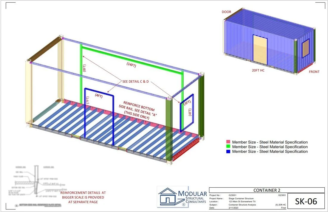 Container Modification – Partial Openings (SK-06) - Balanced reinforcement approach for multiple openings, preserving stiffness and load paths while accommodating architectural requirements.