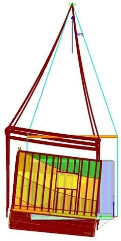 Side-view lifting study of a modular unit showing frame response and localized deformation during pick.